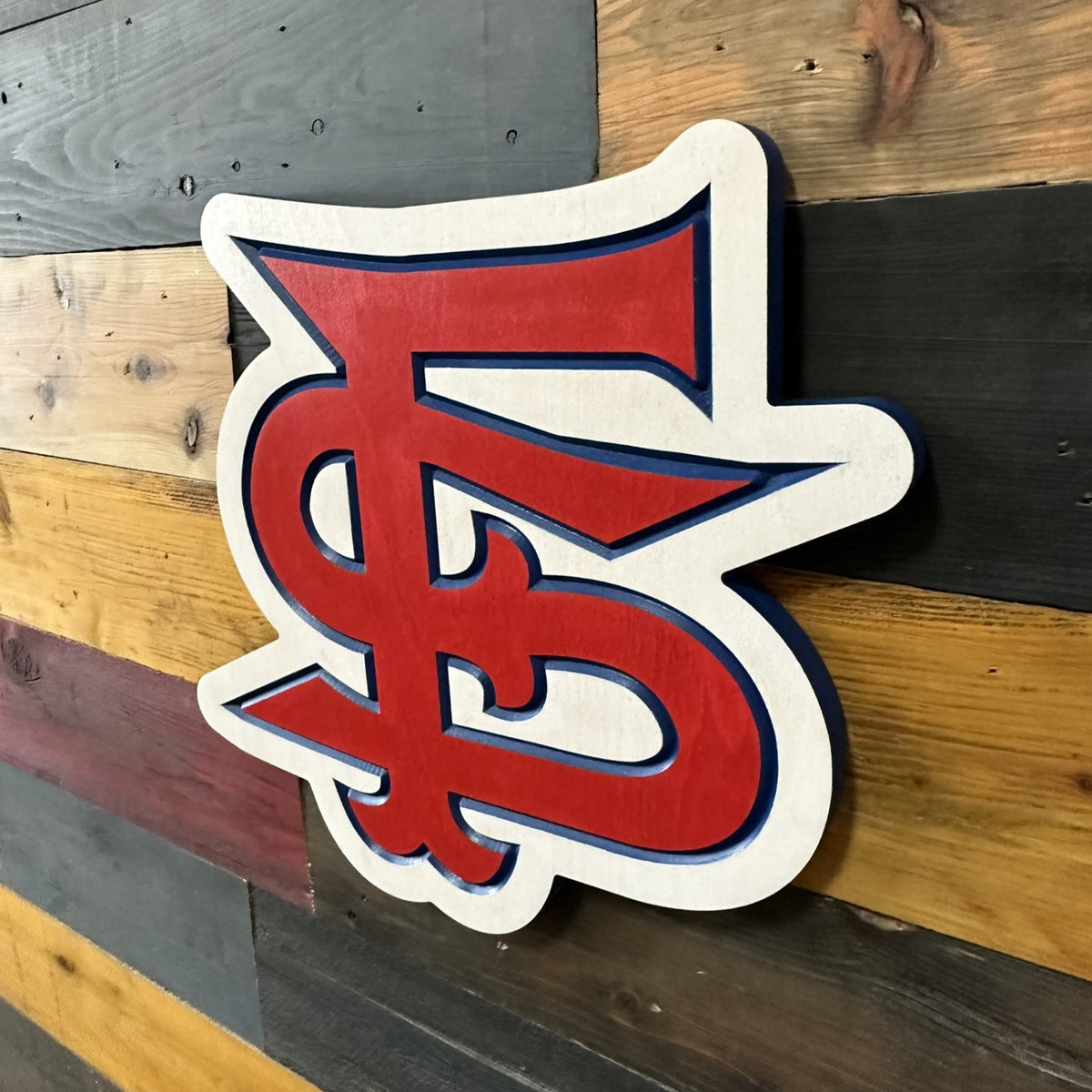 front view of handcrafted Fresno State Bulldogs interlocking FS logo wooden wall decor