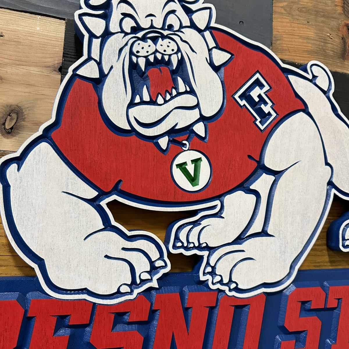 Handcrafted Fresno State Bulldogs carved wood sign in red white and blue with Victor E. Bulldog mascot
