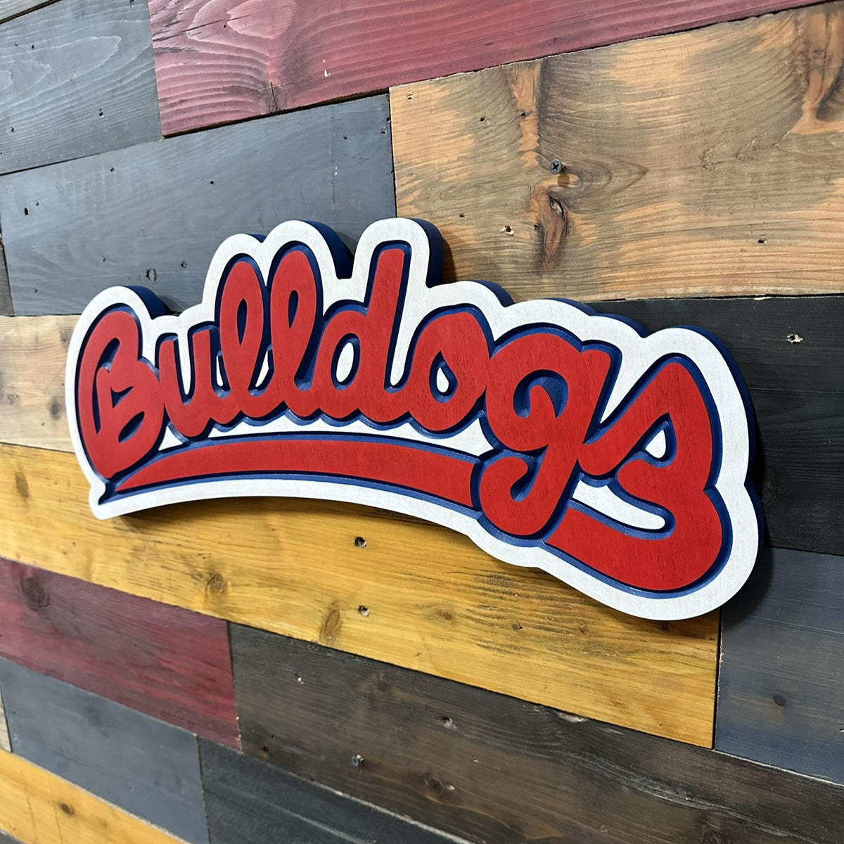 Handcrafted Fresno State Bulldogs script wood sign in red blue and white