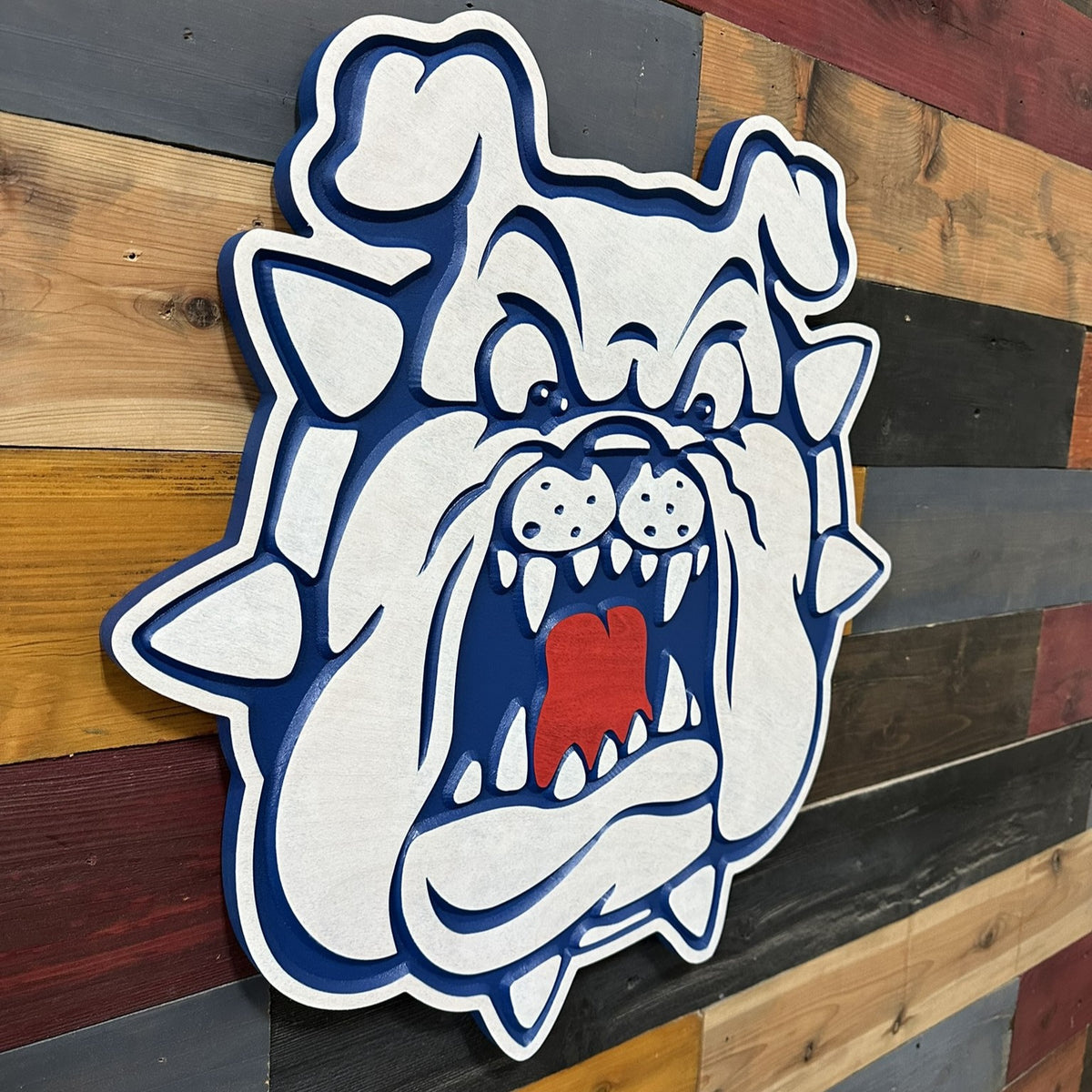 Handcrafted Fresno State Bulldogs wood sign with carved blue white and red mascot details