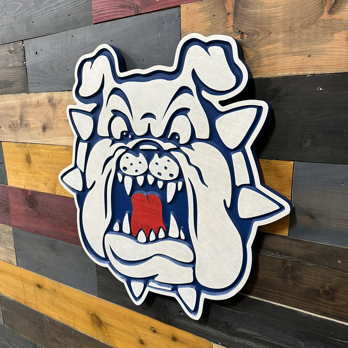 Handcrafted Fresno State Bulldogs wood sign with carved blue white and red mascot details