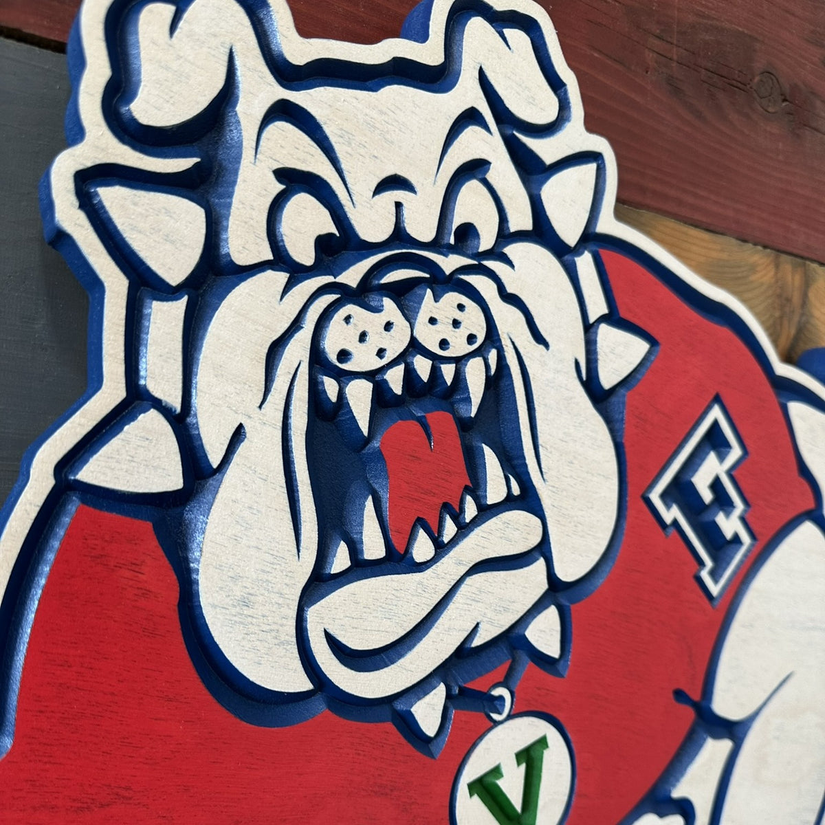 Handcrafted Fresno State Bulldogs mascot wood sign by Cornbread Custom Signs