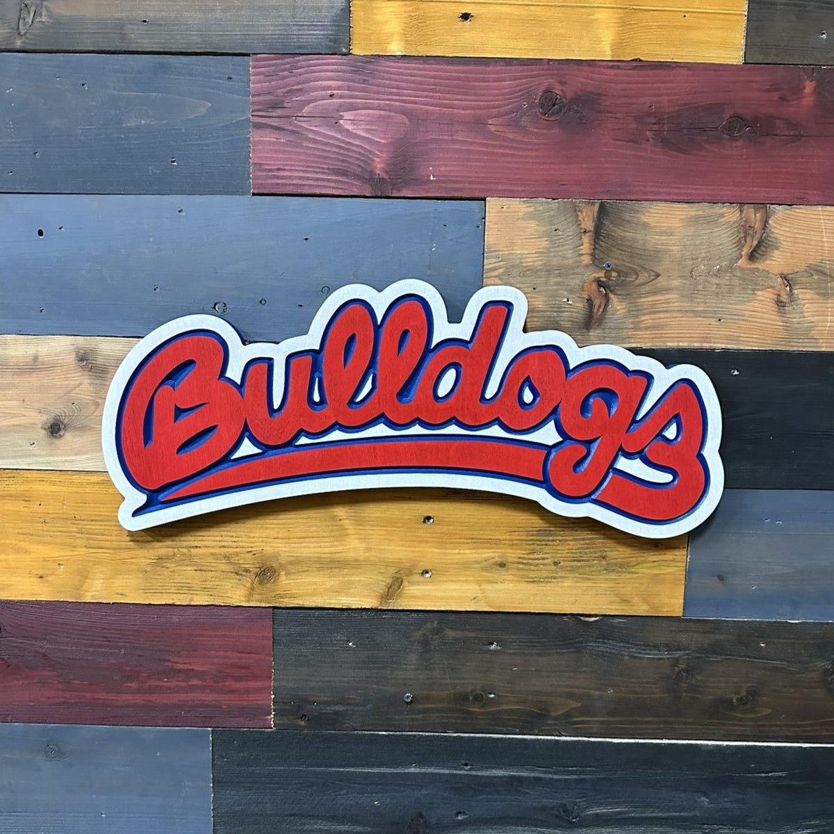 Fresno State Bulldogs handcrafted wood wall art featuring the classic red script logo