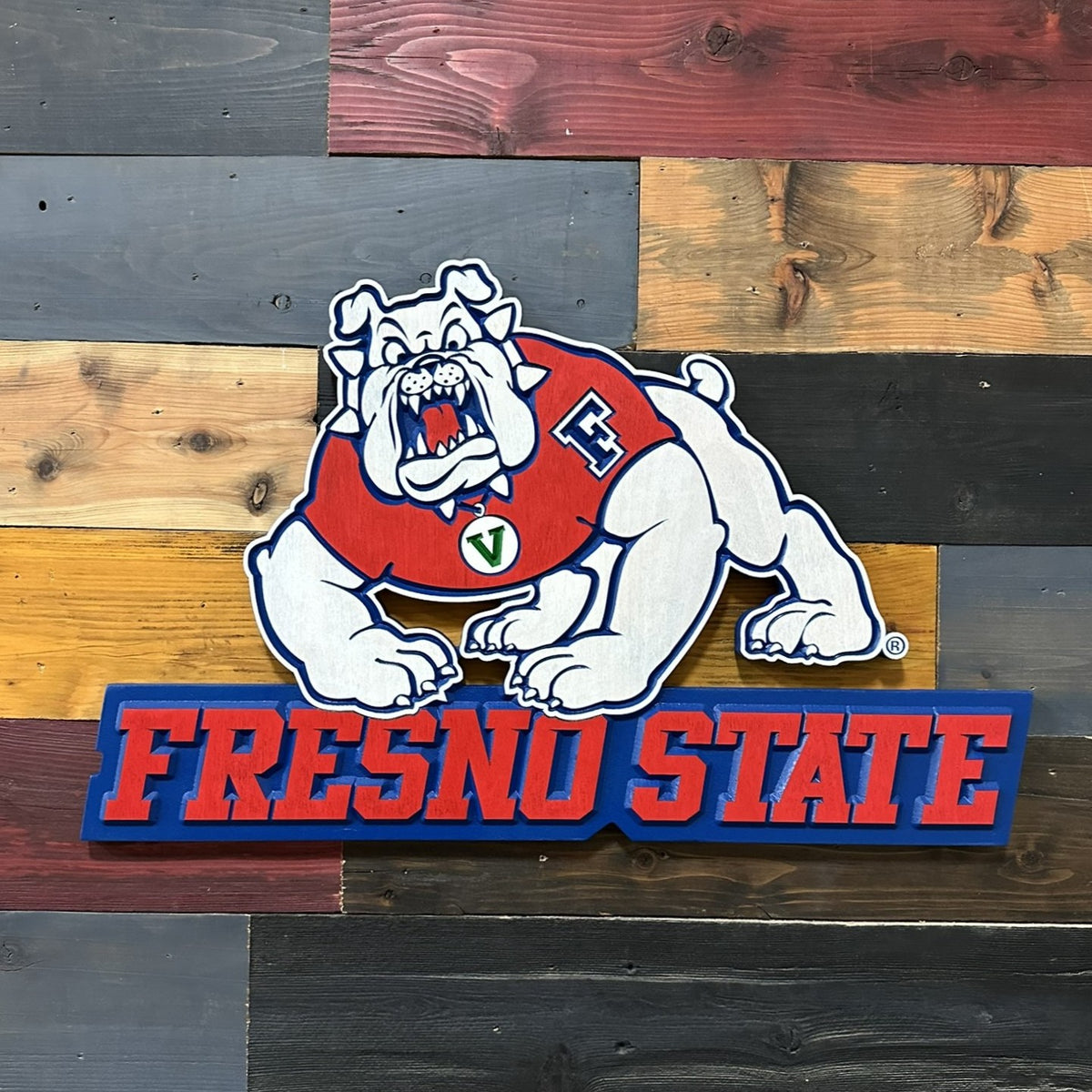 Fresno State Bulldogs 3D carved wood sign featuring Victor E. Bulldog above the Fresno State wordmark