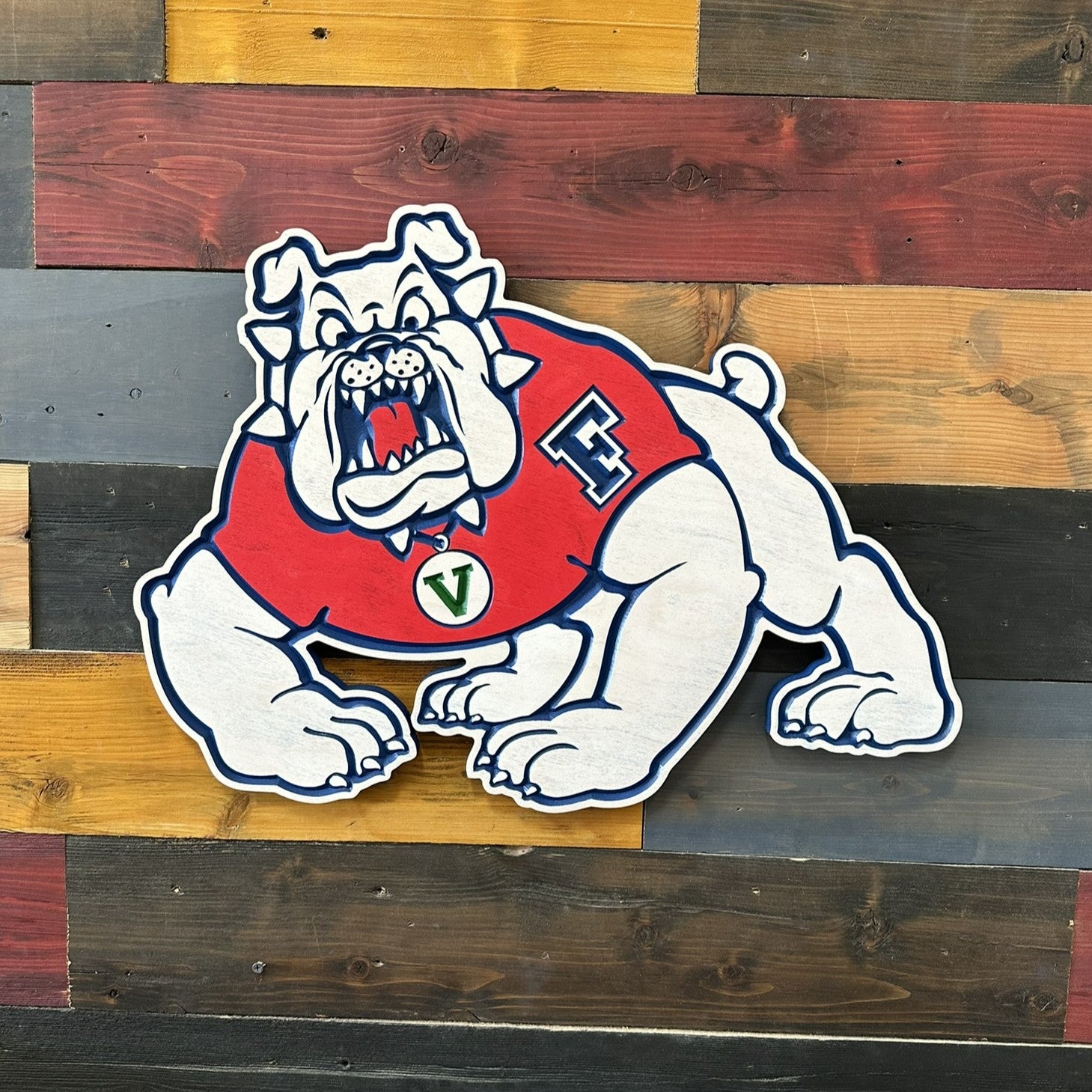 Fresno State Bulldogs Victor E. mascot carved wood wall sign