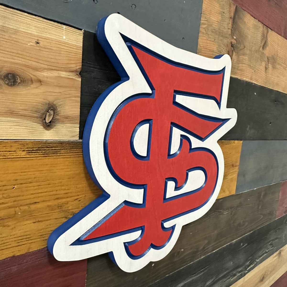 Angled view of Fresno State Bulldogs wooden wall sign showing the carved wood construction