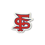 Alt text: Close-up of CNC carved Fresno State FS logo with hand-painted red and blue detailing