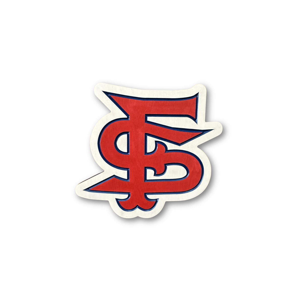 Alt text: Close-up of CNC carved Fresno State FS logo with hand-painted red and blue detailing