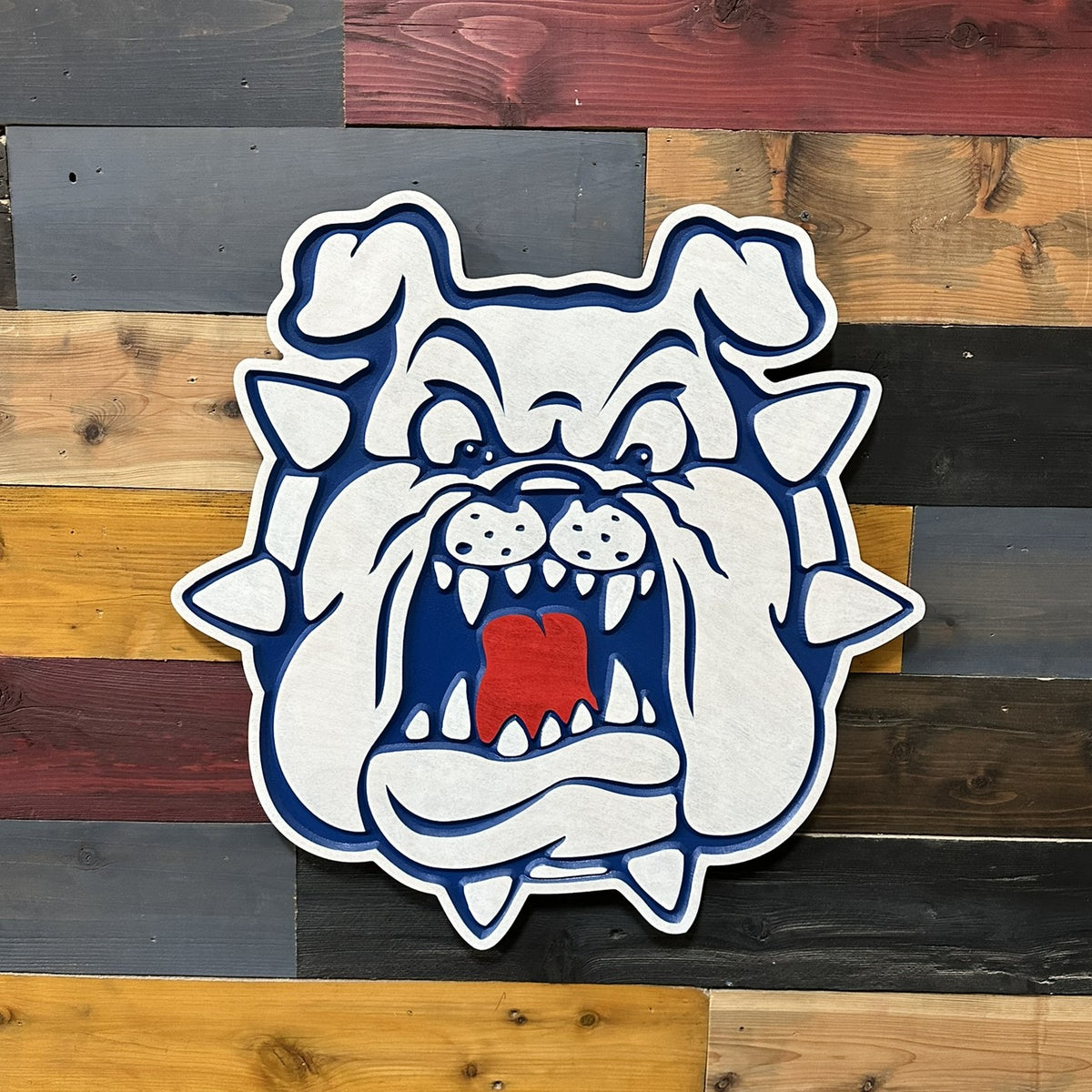 Fresno State Victor E. Bulldog handcrafted wood wall art featuring the bulldog mascot head