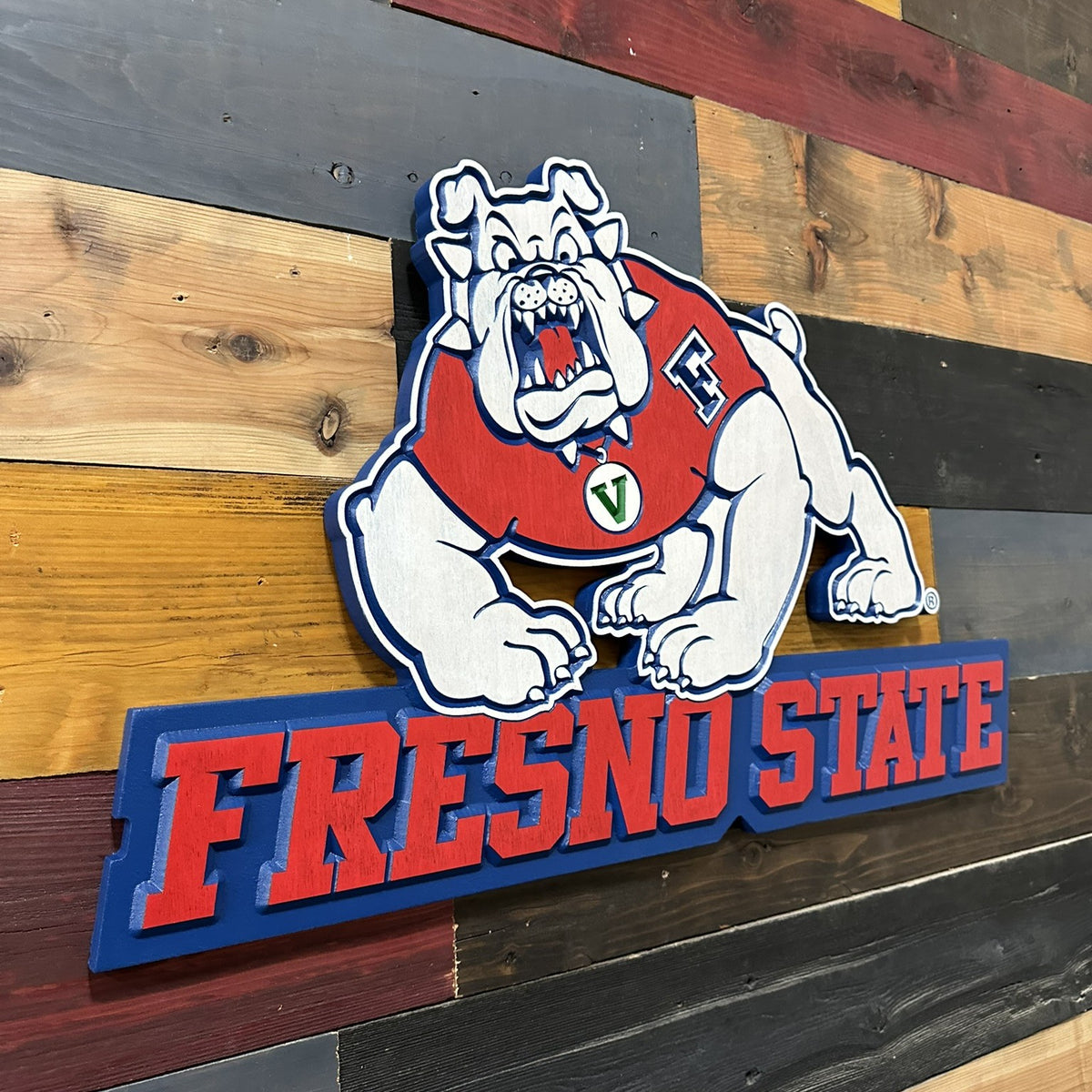 Fresno State Victor E. Bulldog handcrafted wood wall art with red Fresno State lettering