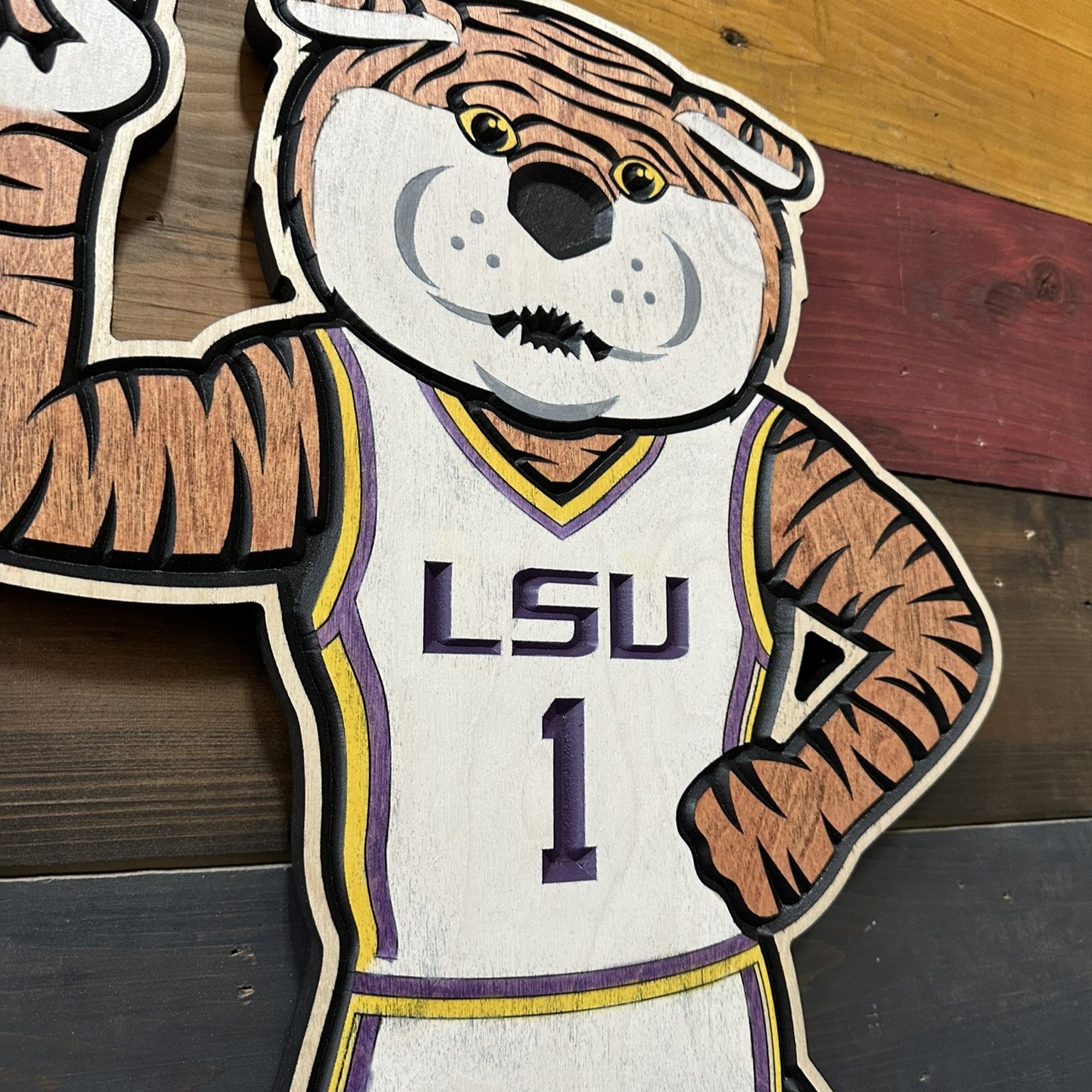 Premium handcrafted LSU Mike the Tiger basketball wood sign made in Nebraska for LSU fans alumni and collectors