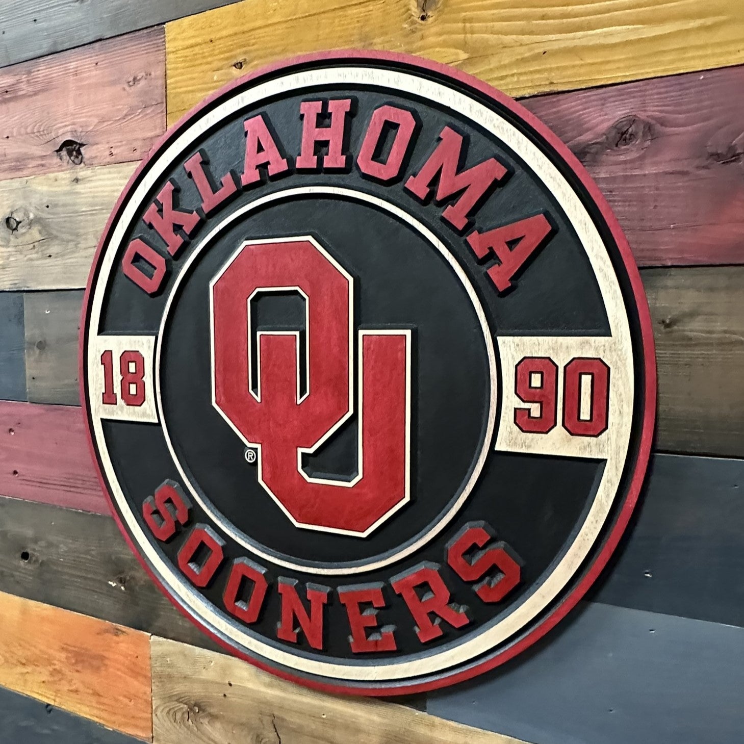 Premium handcrafted Oklahoma Sooners OU logo wood sign made in Nebraska for fans alumni and collectors
