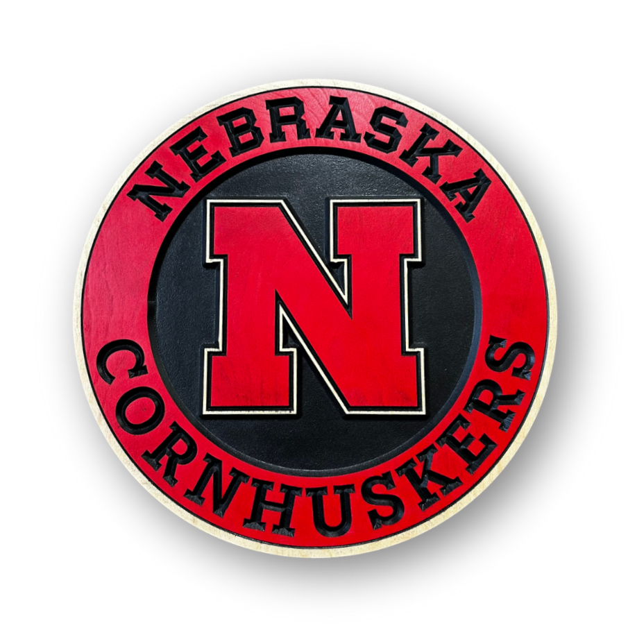 Nebraska Cornhuskers logo on a red and black background wood sign