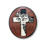 Jesus Christ with cross handcrafted Christian wood sign on white background