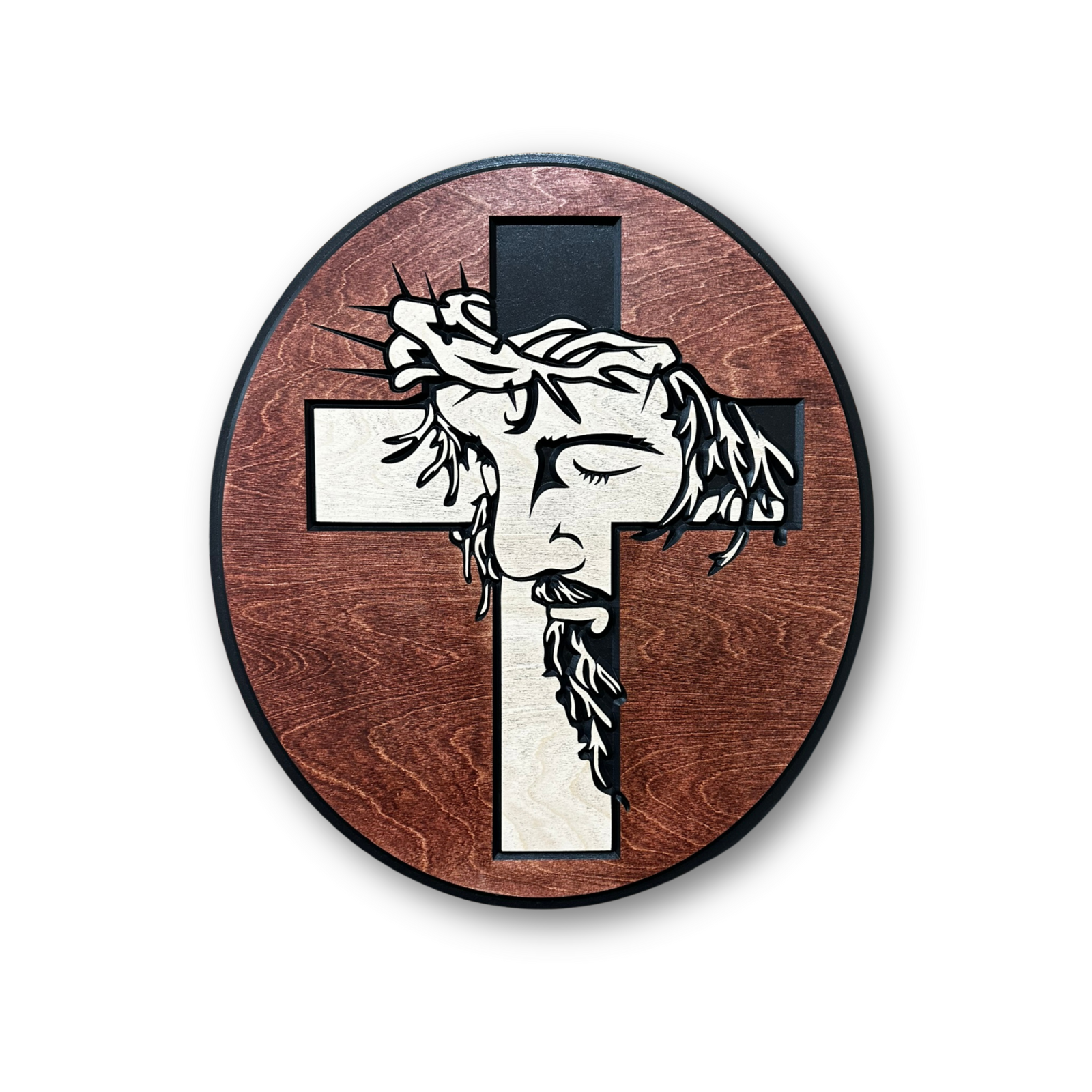 Jesus Christ with cross handcrafted Christian wood sign on white background