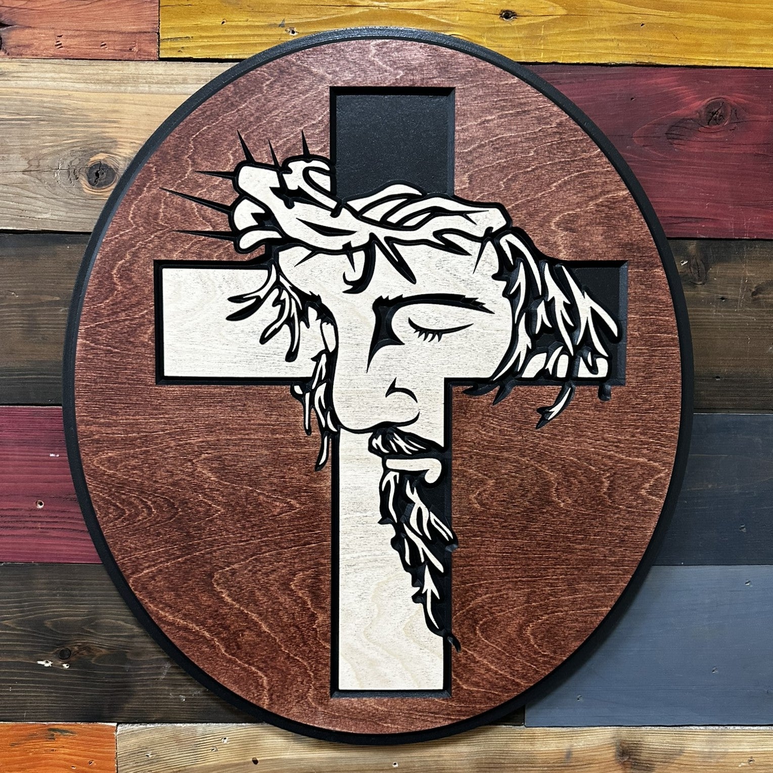 Jesus with the cross Christian wall art handcrafted from carved wood