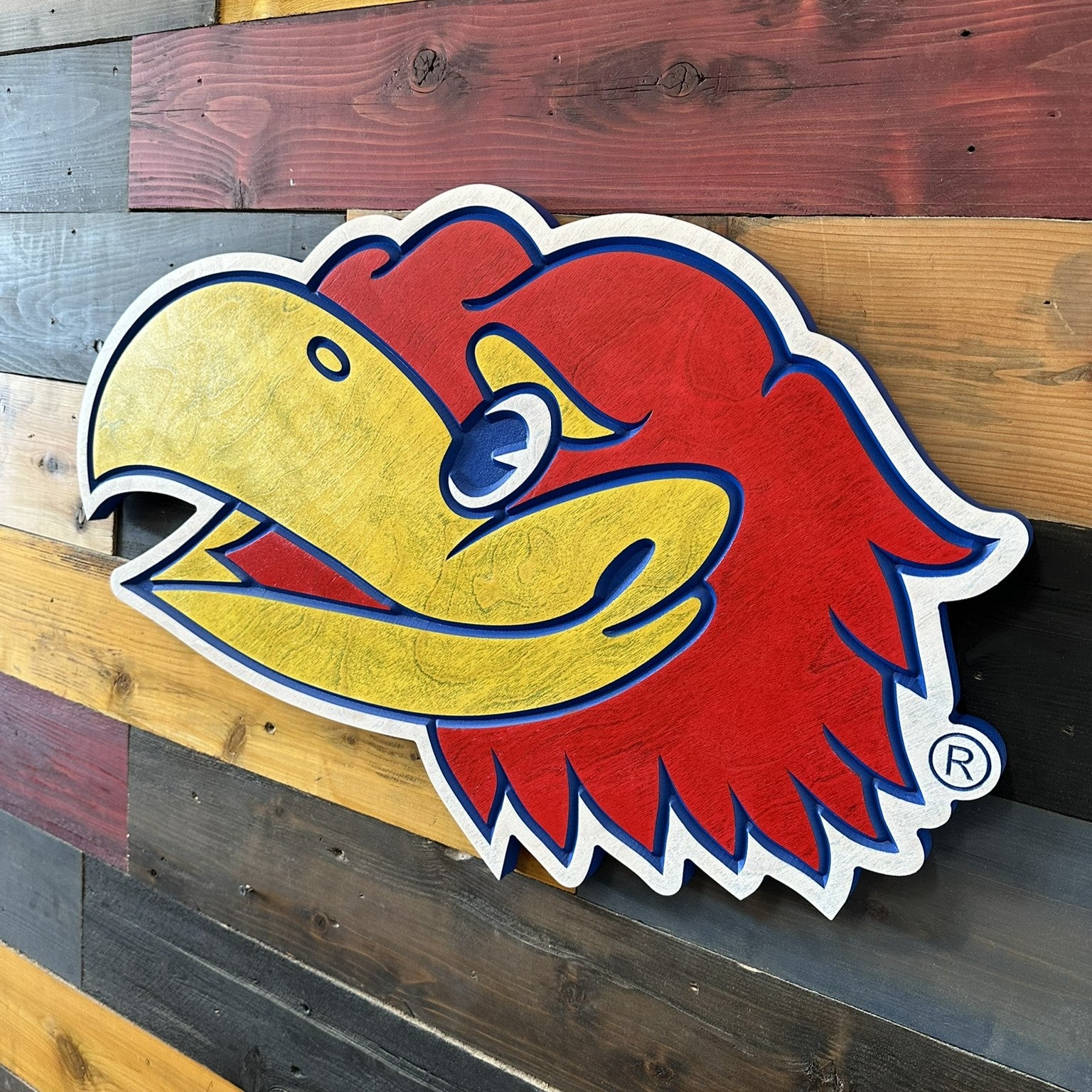 Handcrafted Kansas Jayhawks Big Jay mascot head wood sign by Cornbread Custom Signs