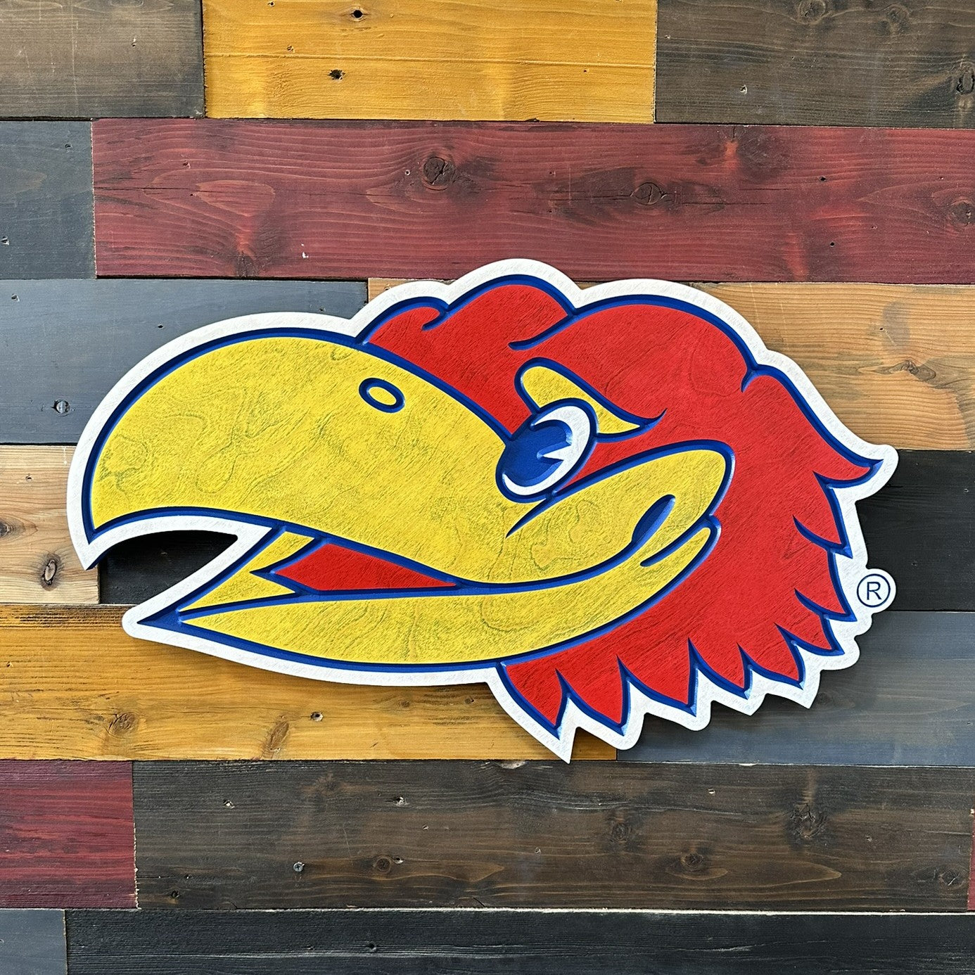 Kansas Jayhawks Big Jay head carved wood wall sign