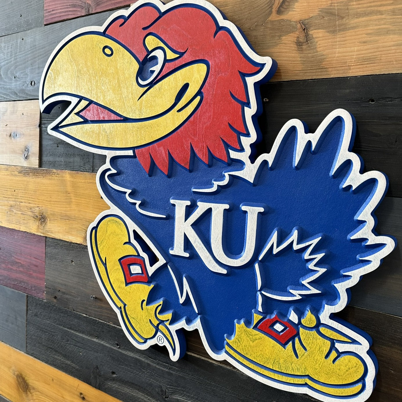 Handcrafted Kansas Jayhawks Big Jay mascot wood sign by Cornbread Custom Signs