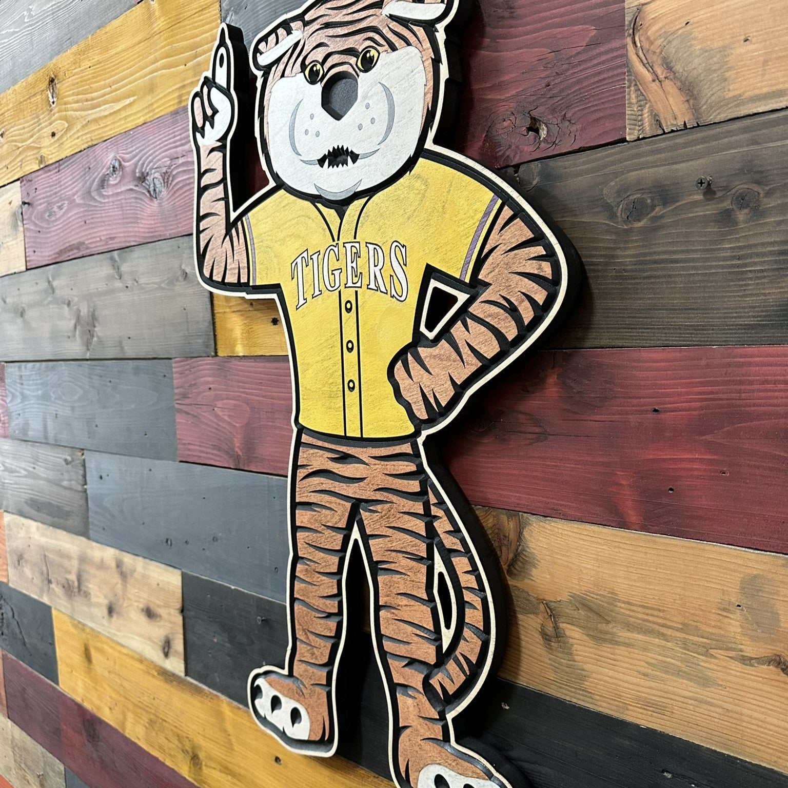 Official LSU baseball mascot wood sign featuring Mike the Tiger wearing a Tigers baseball jersey