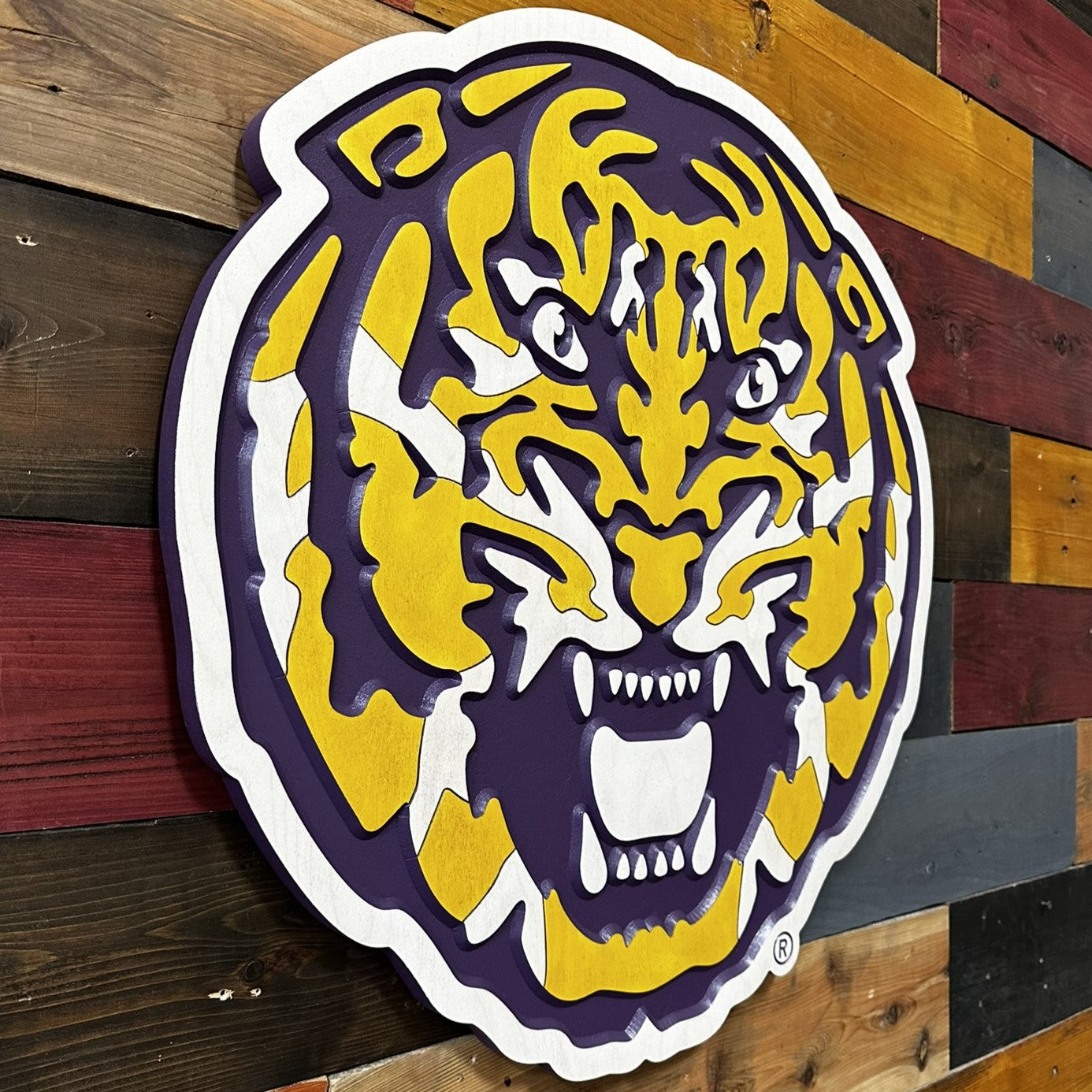 Side profile of LSU Tigers Fighting Tiger Head carved wood sign highlighting layered construction and dimensional carved depth