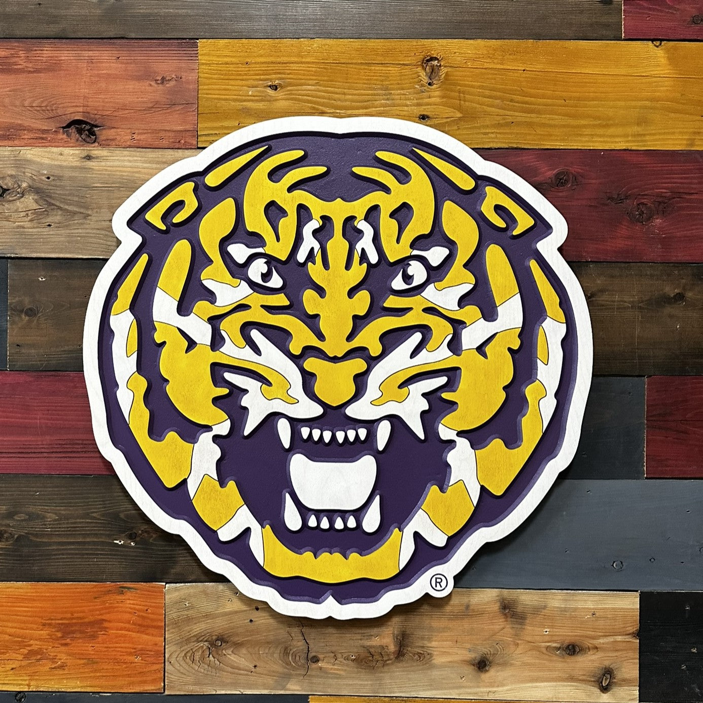 Angled front view of LSU Fighting Tiger Head wooden wall decor showing dimensional carved detail and bold tiger artwork