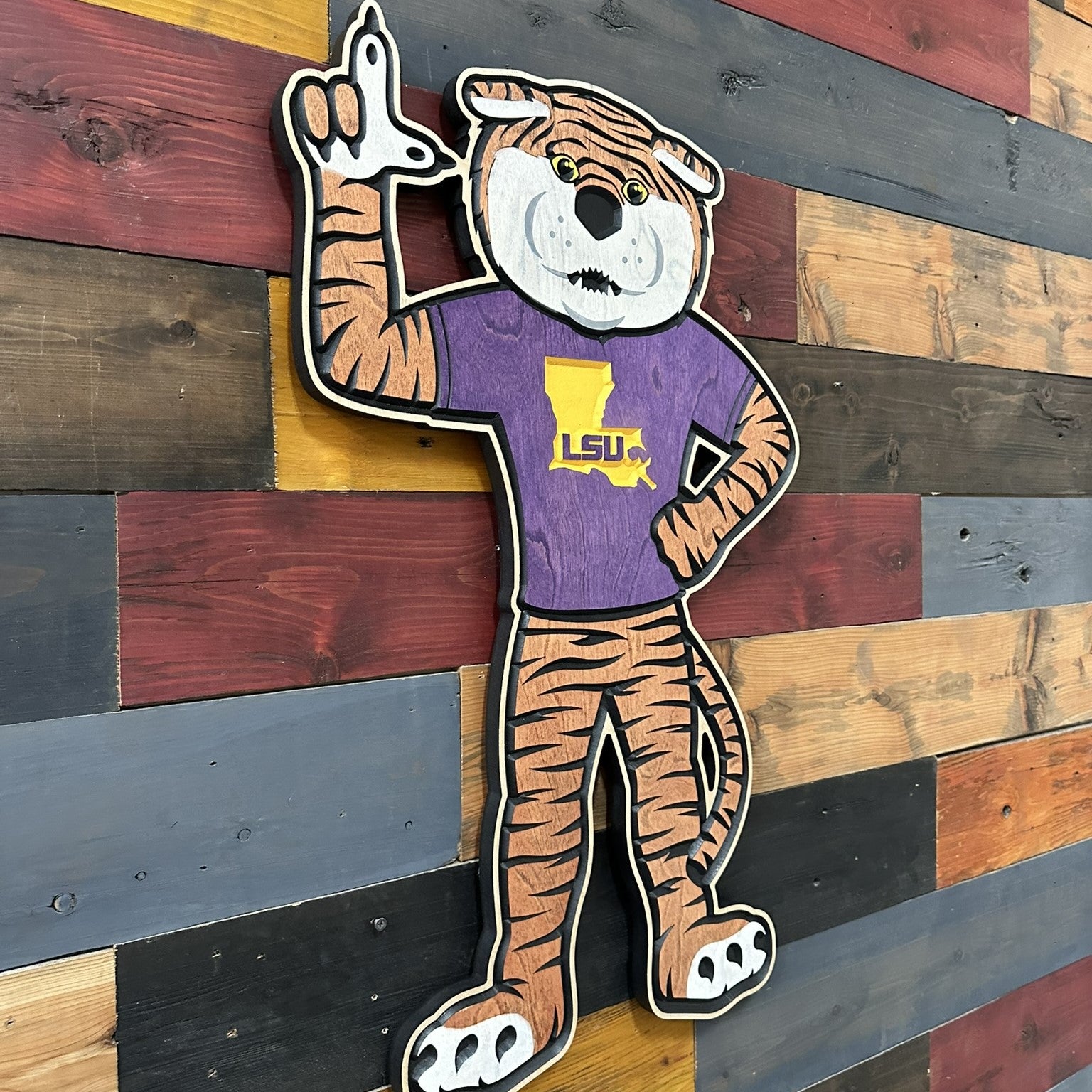 Official LSU mascot wood sign featuring Mike the Tiger wearing an LSU shirt and signaling number one