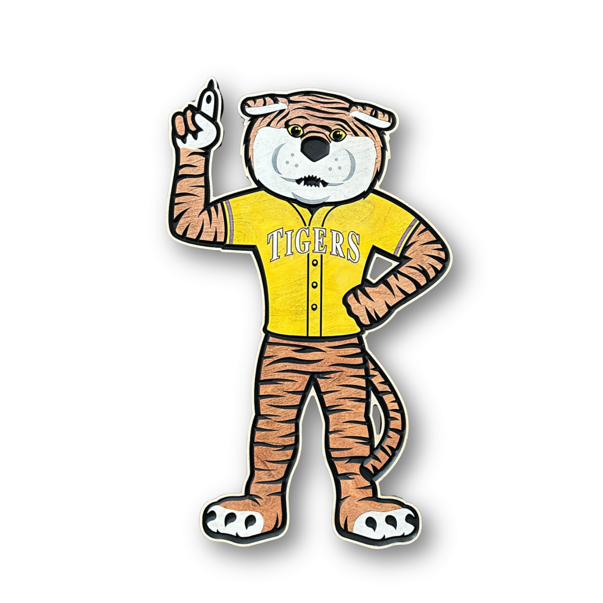 Officially licensed LSU Mike the Tiger baseball wood sign featuring the LSU mascot wearing a Tigers baseball jersey