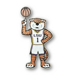 Officially licensed LSU Mike the Tiger basketball wood sign featuring the LSU mascot spinning a basketball while wearing an LSU jersey