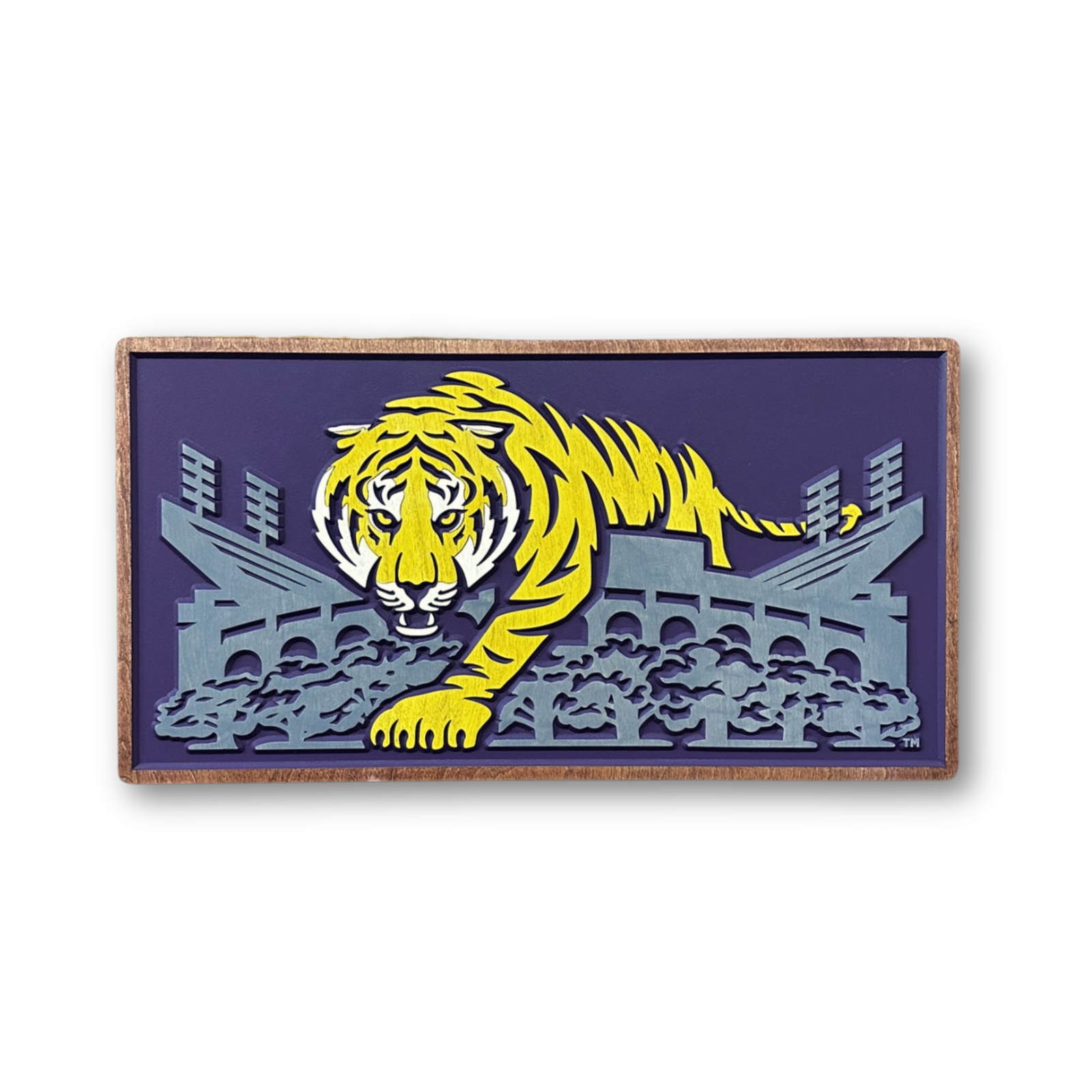 LSU Mike the Tiger carved wood wall sign featuring Tiger Stadium and Death Valley scene with layered dimensional detail on white background