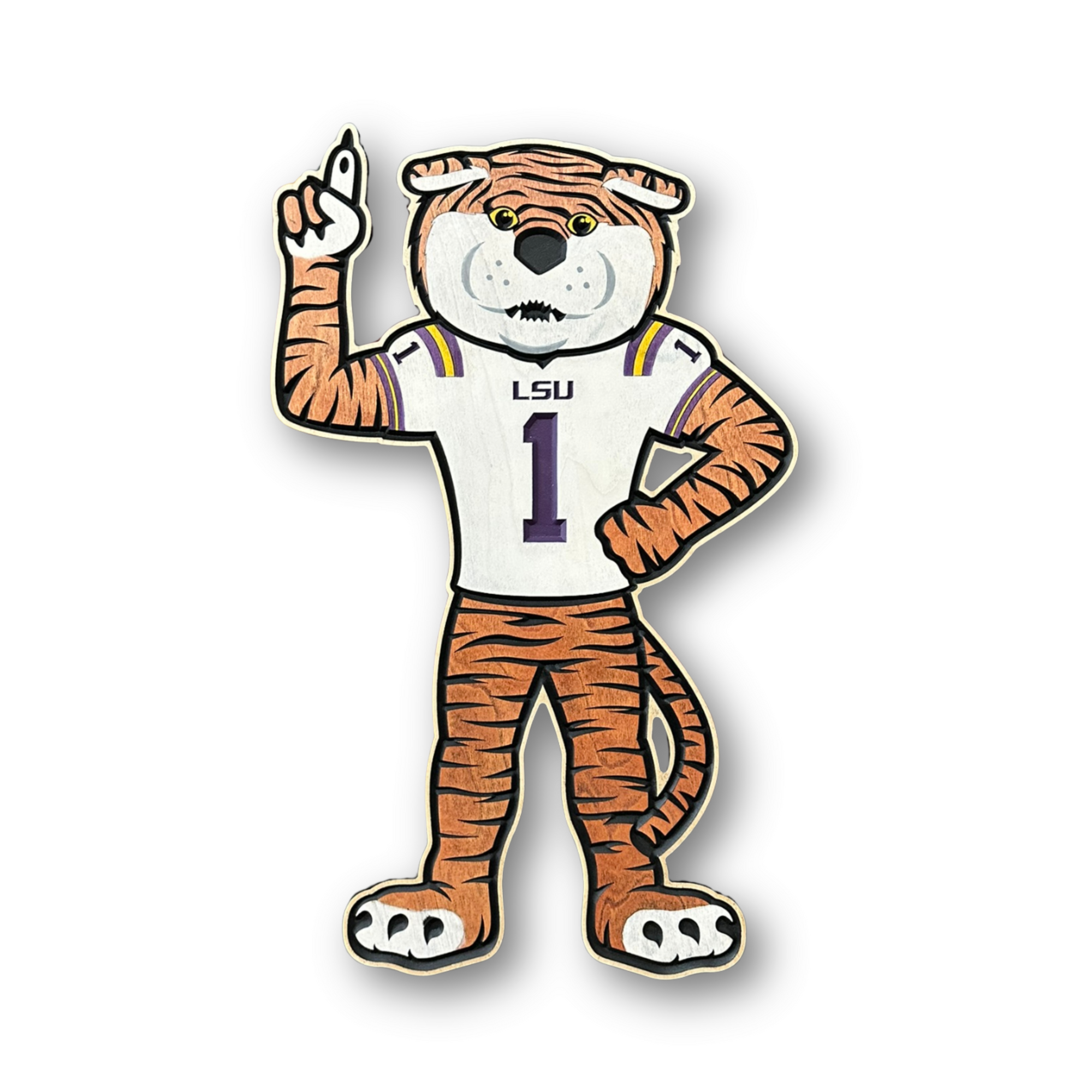 Officially licensed LSU Mike the Tiger football wood sign featuring the LSU mascot wearing a football jersey