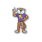Officially licensed LSU Mike the Tiger mascot wood sign featuring the LSU mascot wearing an LSU shirt and signaling number one