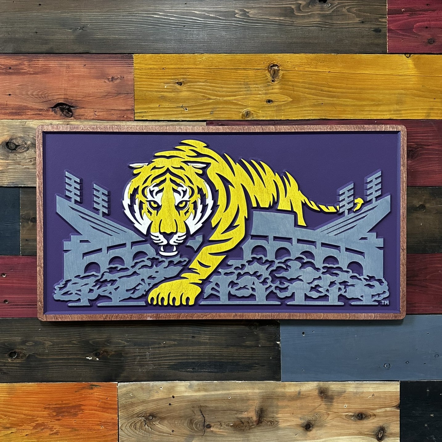 Angled front view of LSU Mike the Tiger stadium wall decor showing layered Tiger Stadium carving and dimensional purple and gold detail
