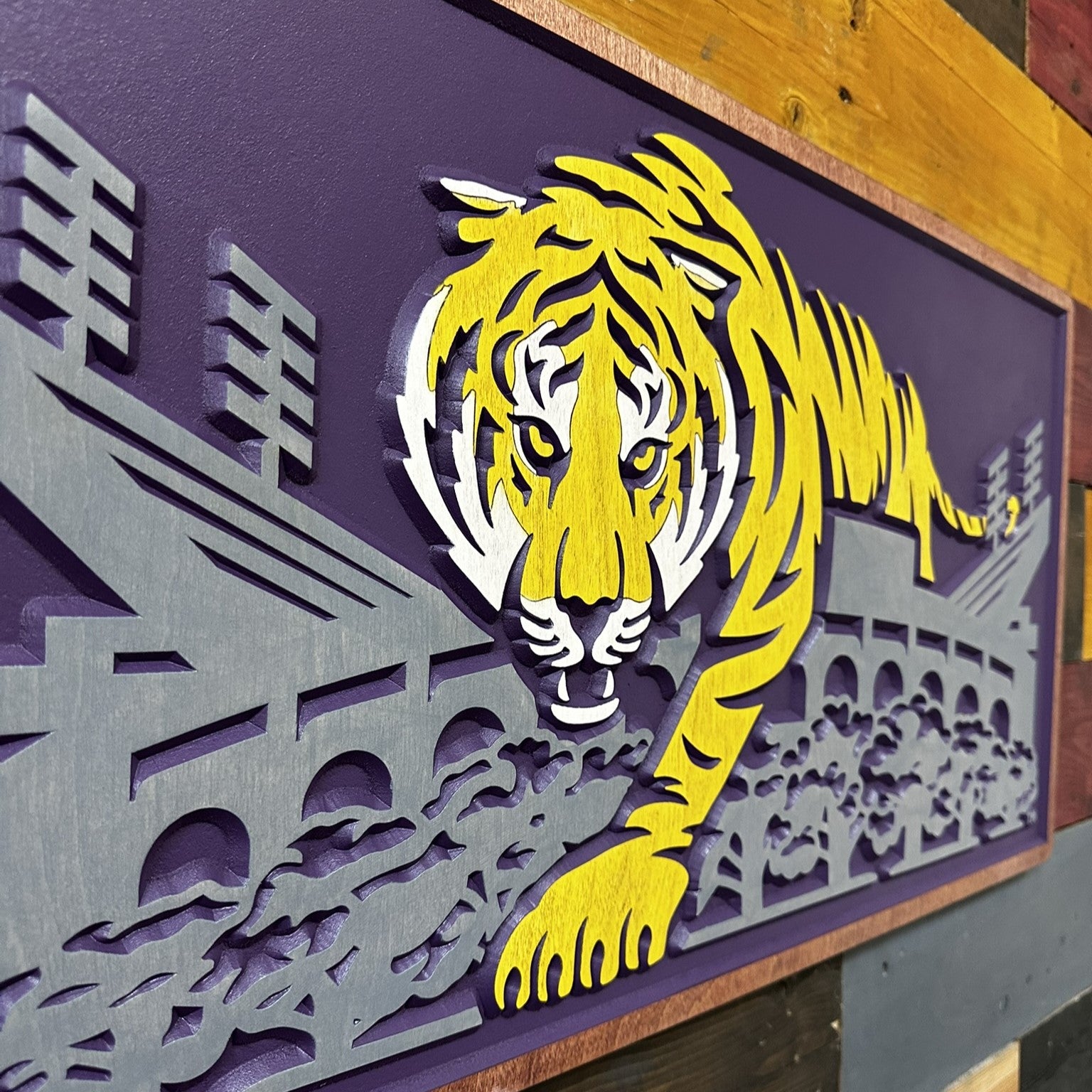 Side profile of LSU Mike the Tiger Death Valley stadium carved wood sign showing layered construction and dimensional carved depth