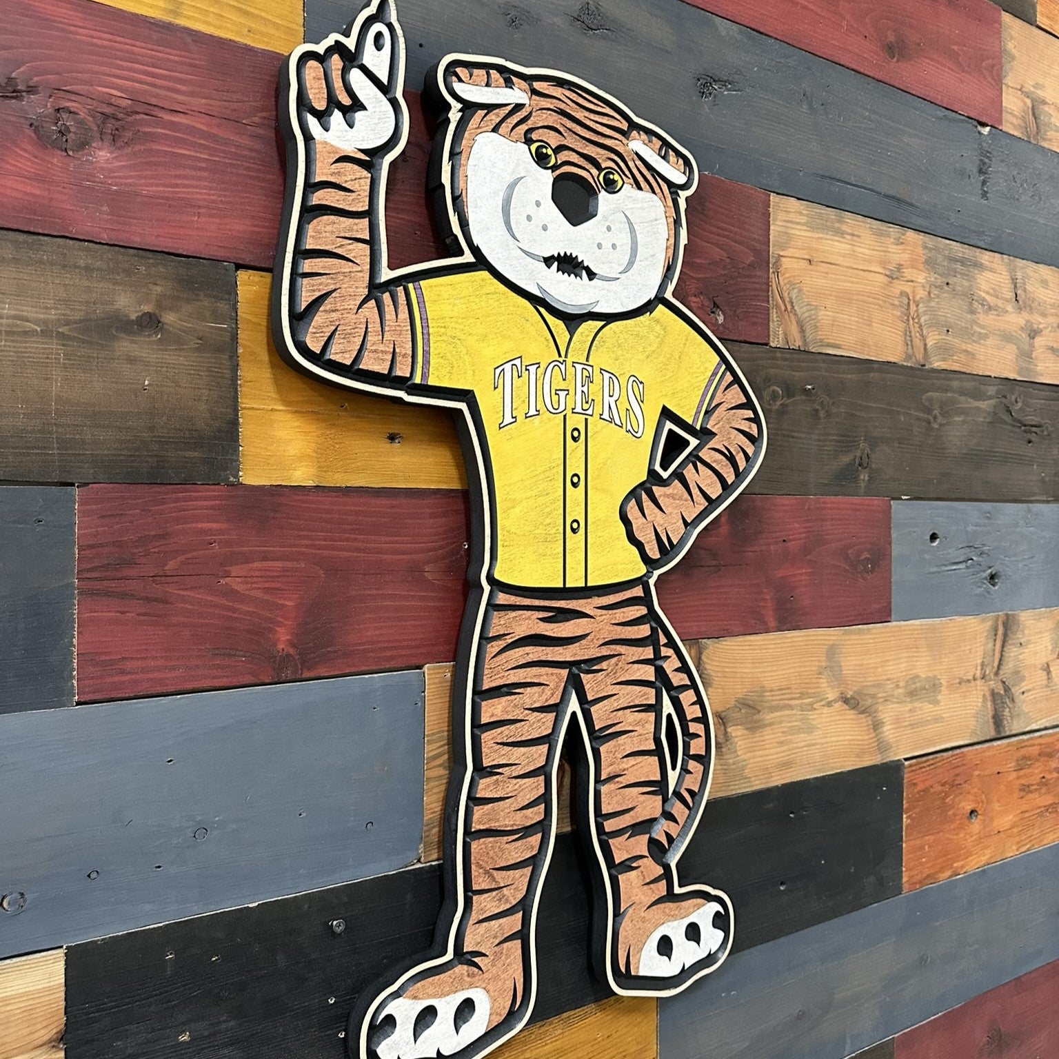 LSU Tigers baseball fan cave wall decor featuring Mike the Tiger mascot and baseball themed design