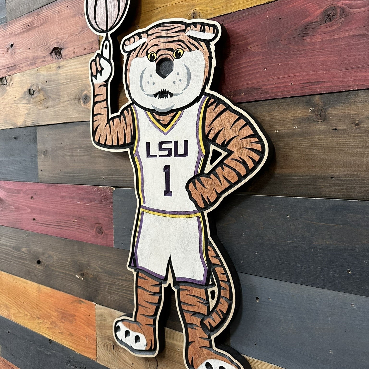 LSU Tigers basketball fan cave wall decor featuring Mike the Tiger mascot and basketball design