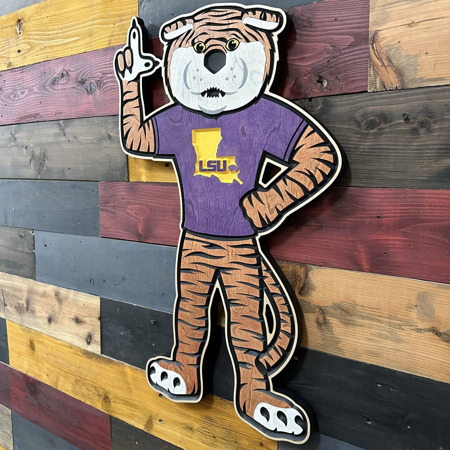 LSU Tigers fan cave wall decor featuring Mike the Tiger mascot and LSU themed design