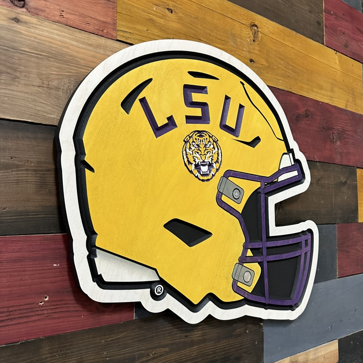 LSU Tigers fan cave wall decor featuring the iconic LSU football helmet design