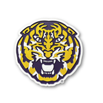 LSU Tigers Fighting Tiger Head carved wood wall sign featuring layered purple and gold dimensional detail on white background