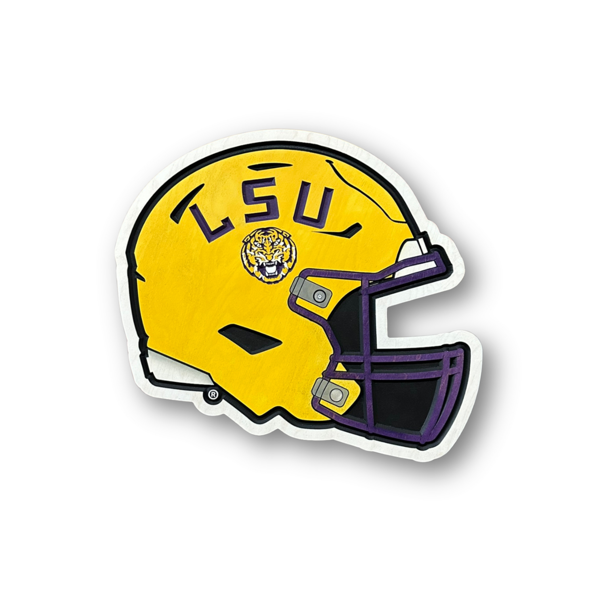 Officially licensed LSU Tigers football helmet wood sign featuring the iconic LSU helmet design handcrafted in Nebraska