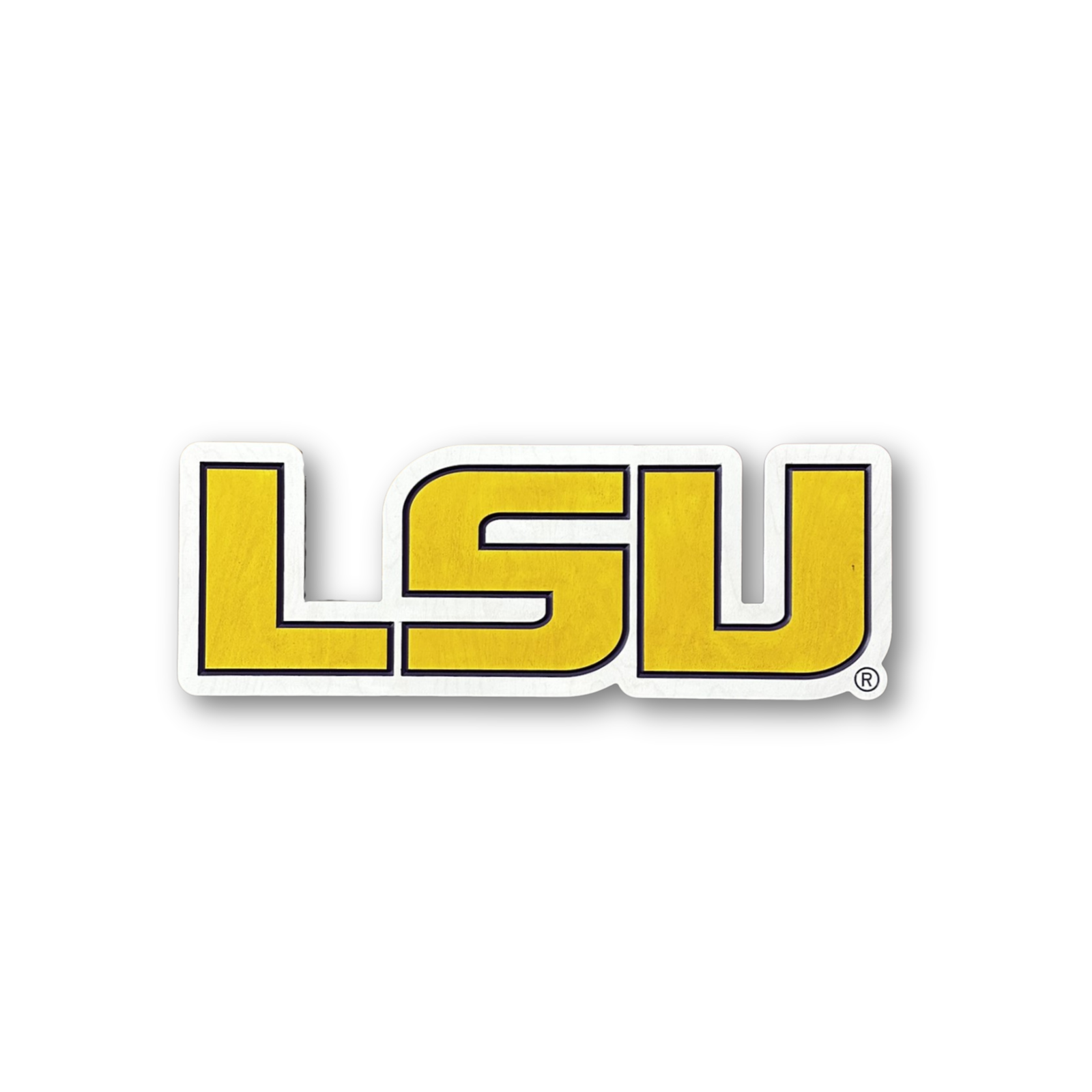 Horizontal LSU Tigers carved wood wall sign featuring bold LSU collegiate lettering with layered dimensional detail on white background