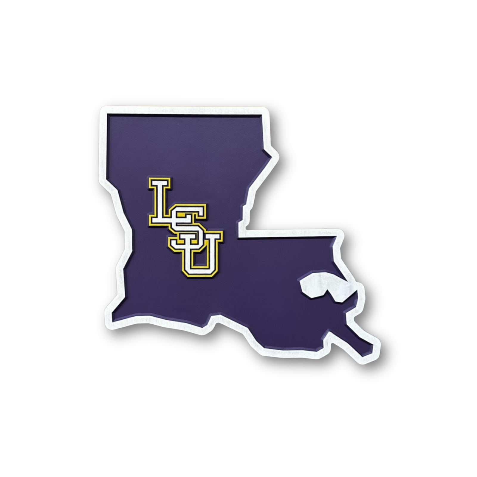 Louisiana shaped LSU Tigers carved wood wall sign featuring layered LSU collegiate lettering on white background
