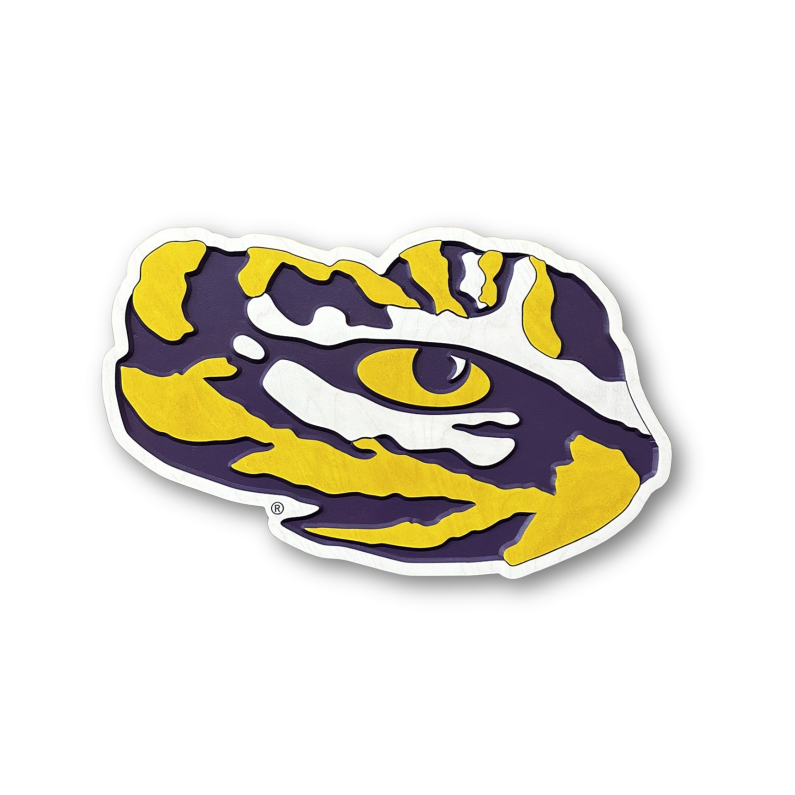 LSU Tigers Tiger Eye carved wood wall sign featuring layered purple and gold dimensional detail on white background