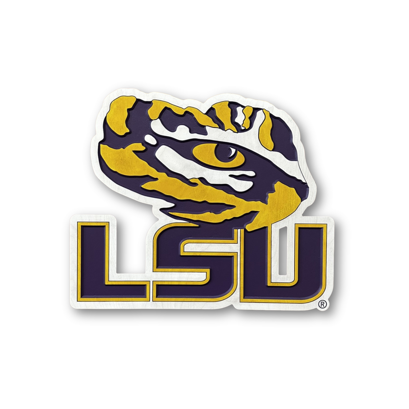 LSU Tigers Tiger Eye carved wood wall sign featuring layered LSU collegiate lettering and dimensional purple and gold detail on white background