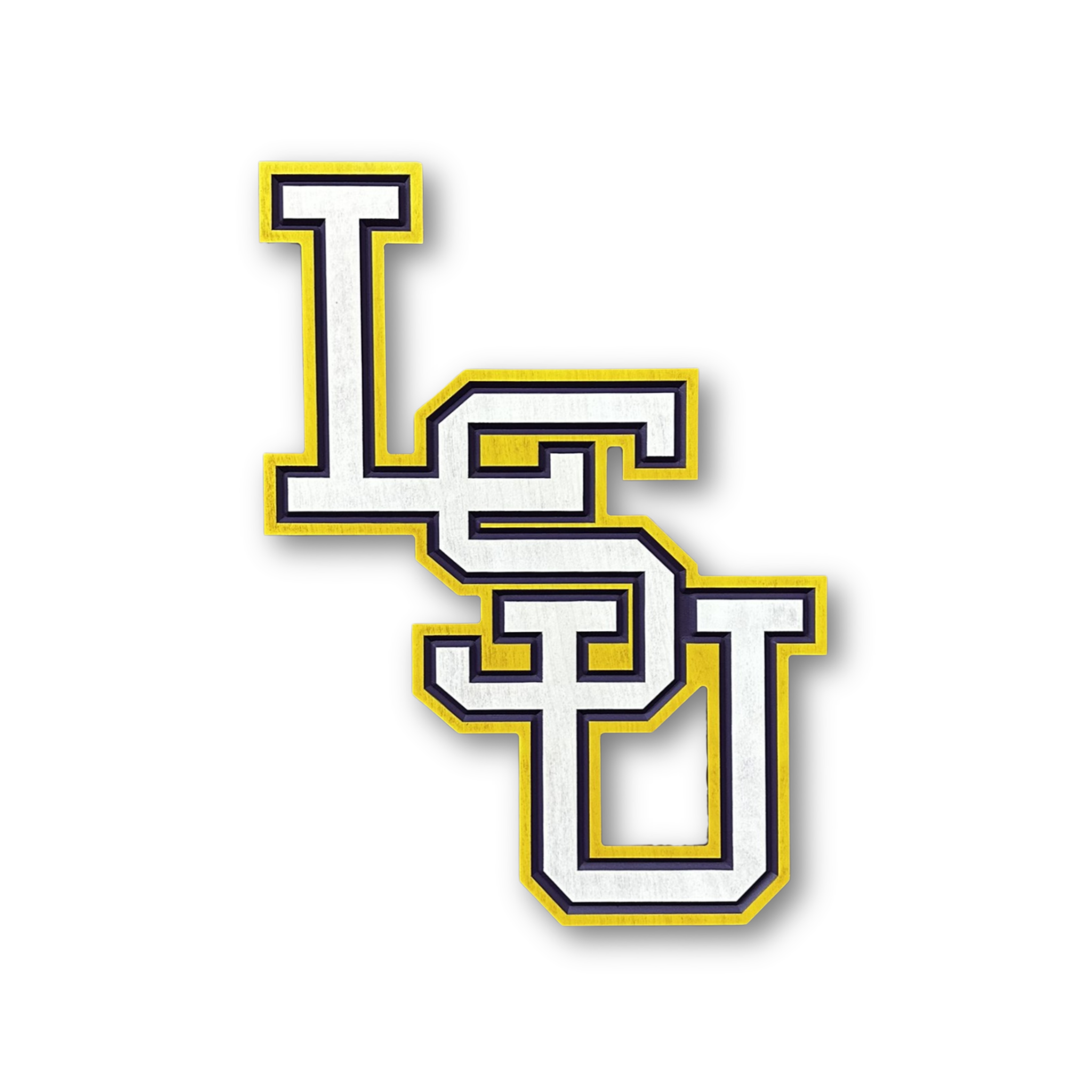 Vertical LSU Tigers carved wood wall sign featuring stacked LSU collegiate lettering with layered dimensional detail on white background