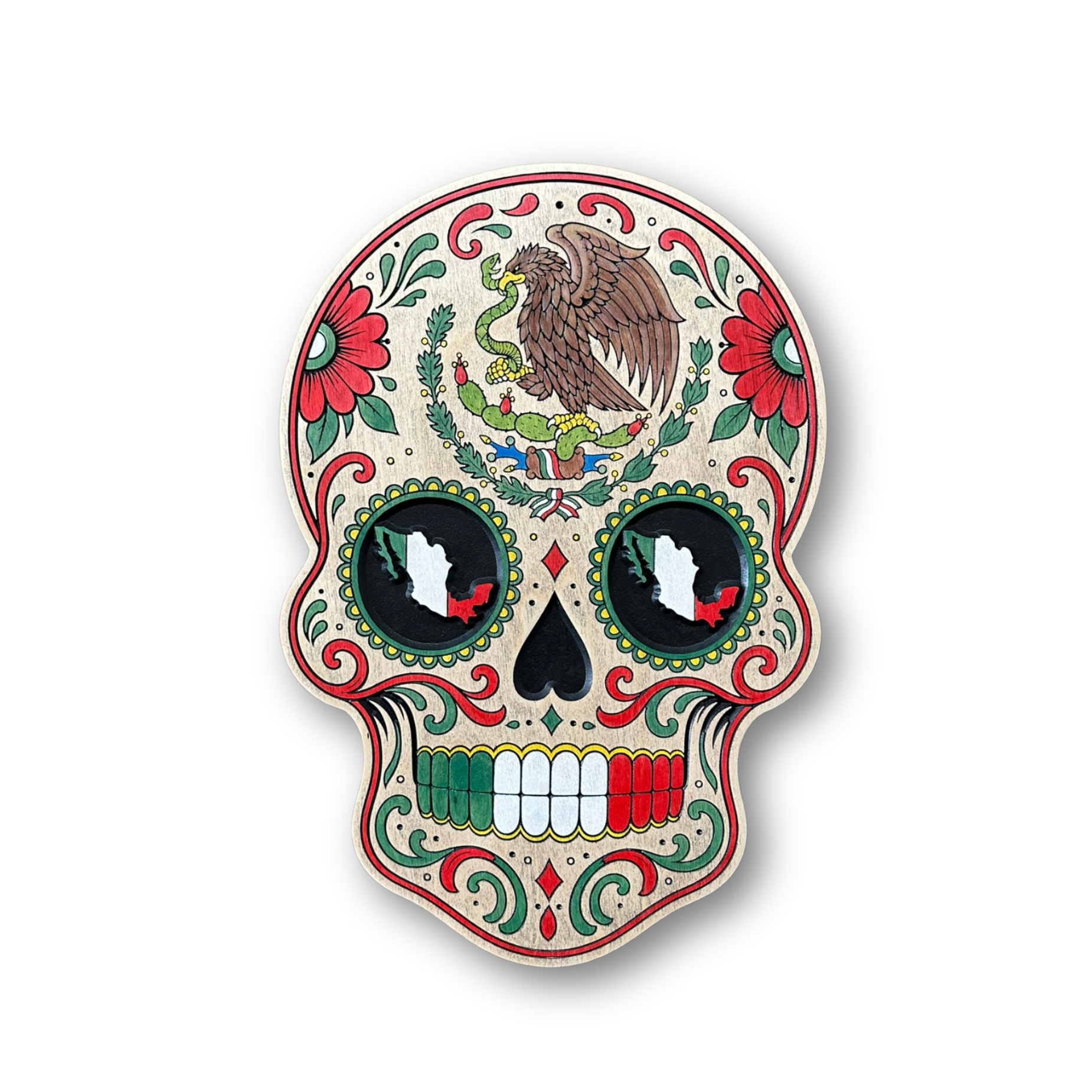 Handcrafted Mexican sugar skull wood sign featuring the Mexican eagle, red white and green details, and traditional folk art