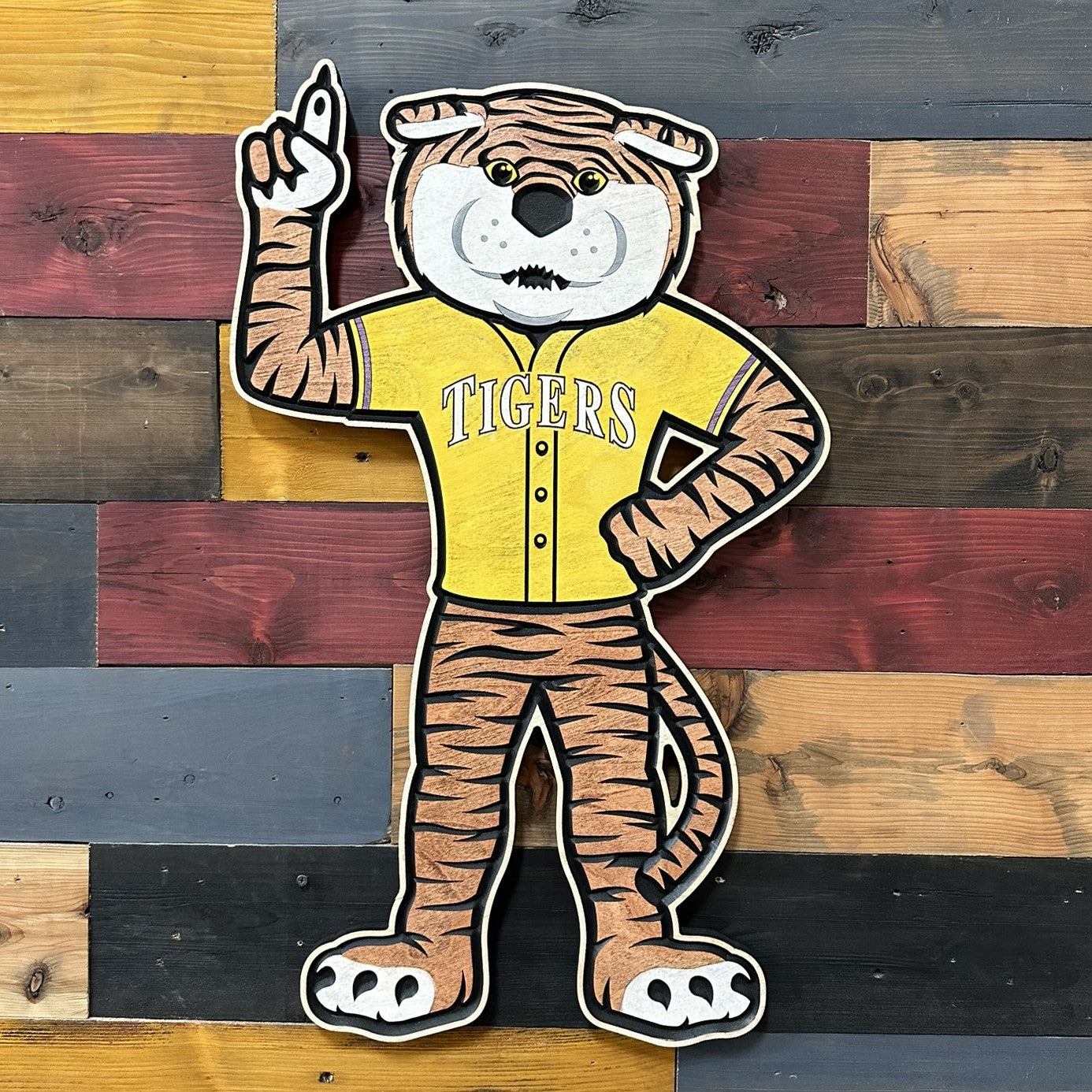 Handcrafted LSU Mike the Tiger baseball wall art featuring the LSU mascot in a Tigers baseball uniform