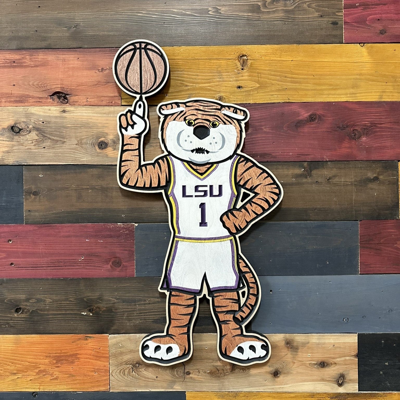 Handcrafted LSU Mike the Tiger basketball wall art featuring the LSU mascot in a basketball uniform