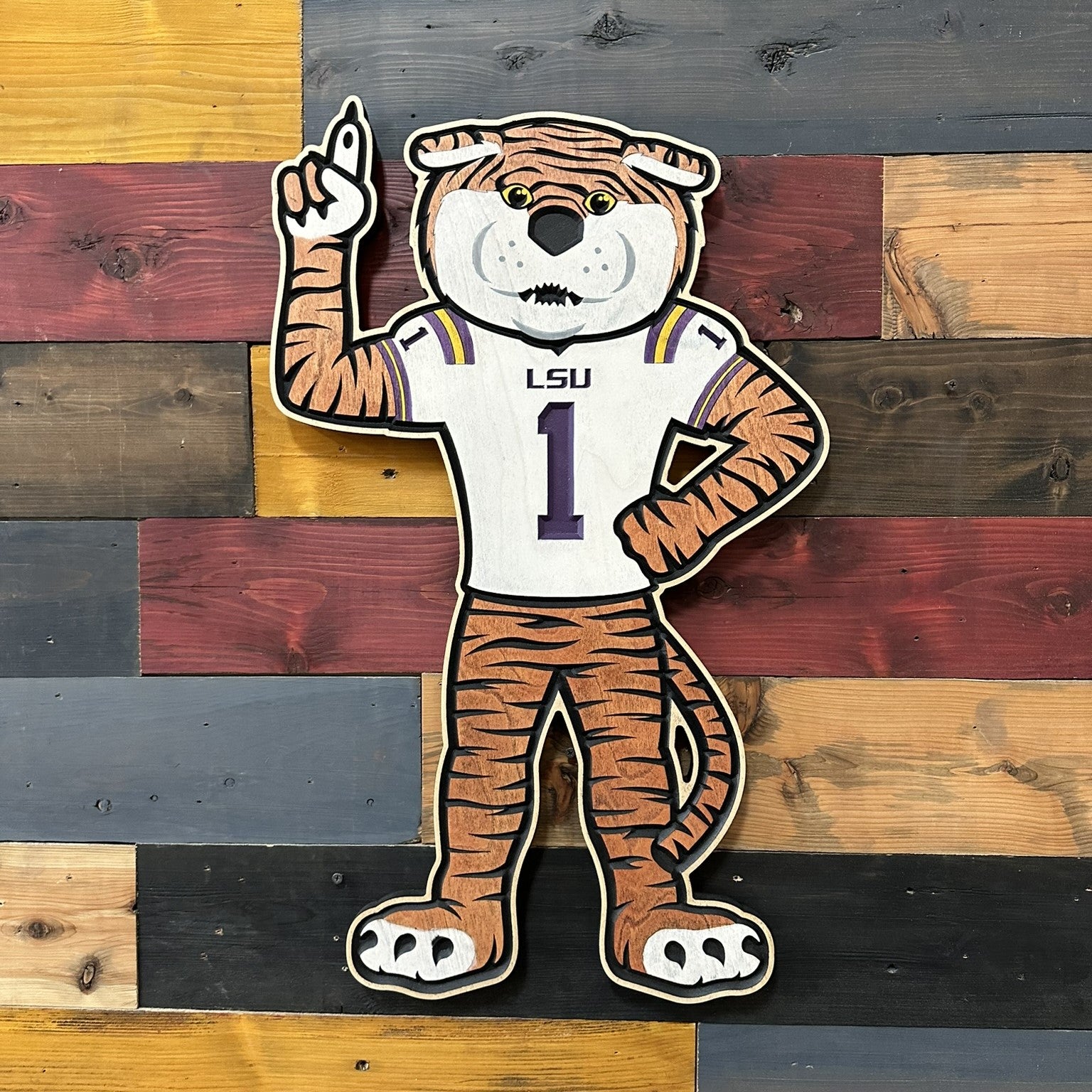 Handcrafted LSU Mike the Tiger football wall art featuring the LSU mascot in a football uniform