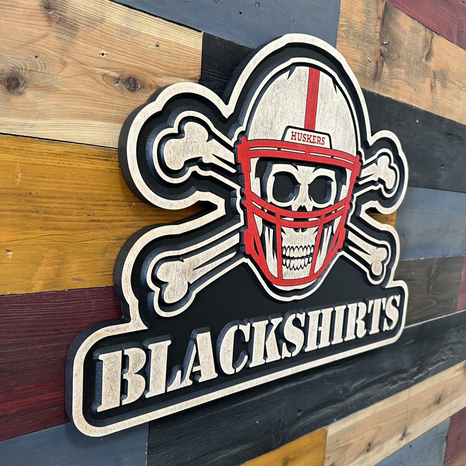 Nebraska Blackshirts football skull wood wall art handcrafted in Nebraska